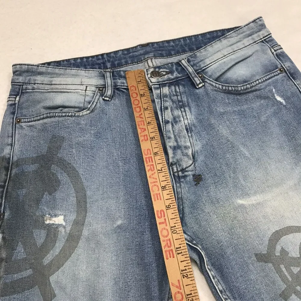 KSUBI Van Winkle Dollar Print Jeans Men 33x32 Light Wash Distressed Stretch Slim